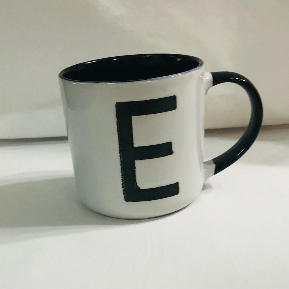 Ceramic mug E graphic initial for Hot Coffee/Tea white black.13oz
